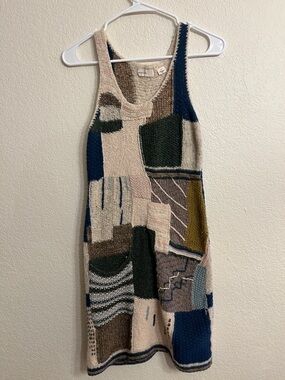 Anthropologie Multicolor Patchwork Knit Midi Dress in Cream, Navy, Olive, Brown